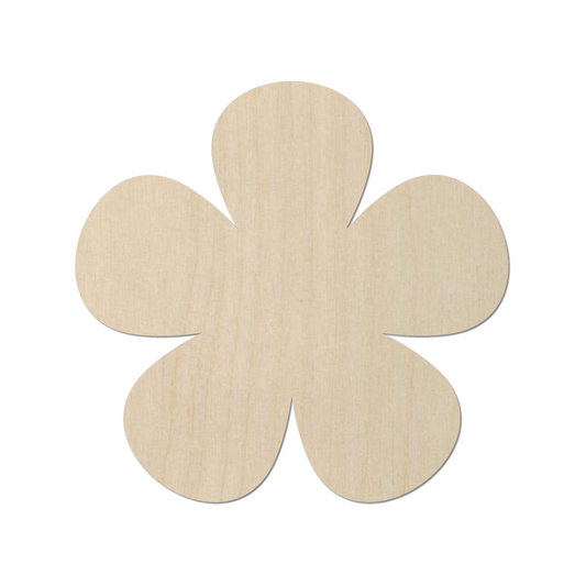 A simple, light-colored wooden flower shape is shown against a white background.