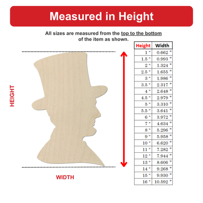 The image is a wood silhouette of a man's head, with measurements and a table of corresponding heights.