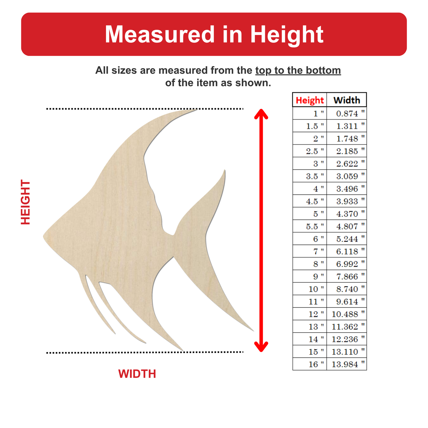The image is a wooden fish with measurements listed below it.