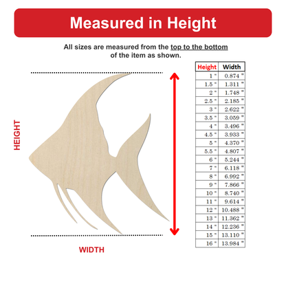 The image is a wooden fish with measurements listed below it.