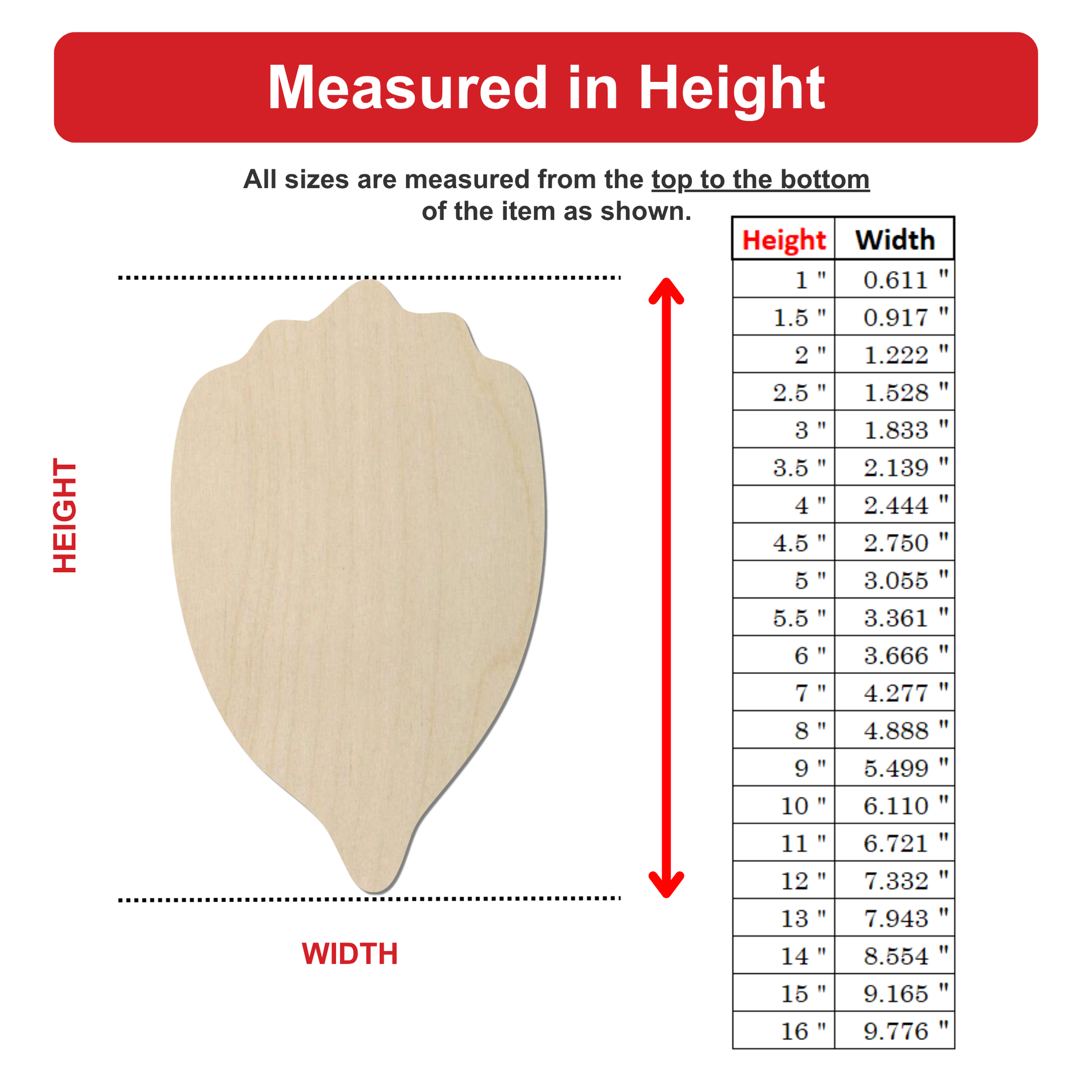 The image is a diagram that shows the relationship between the height and width of an item, with a table providing the corresponding measurements.