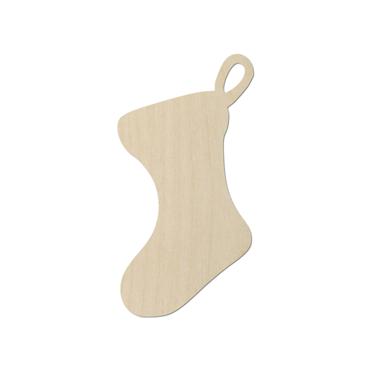 A simple, light-colored wooden Christmas stocking ornament.