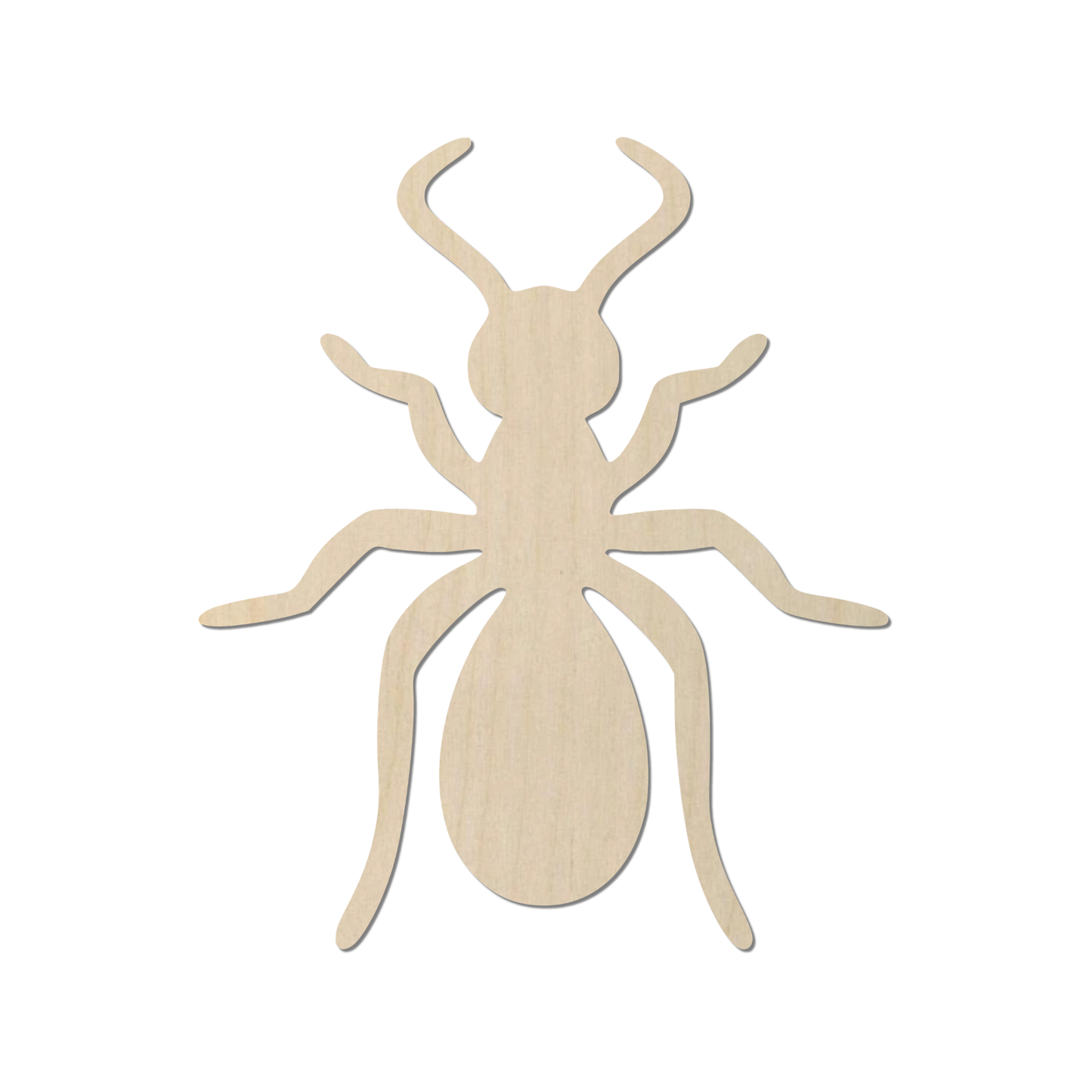 A simple wooden silhouette of a bug or insect, likely a type of ant or beetle, with a round body and six legs.