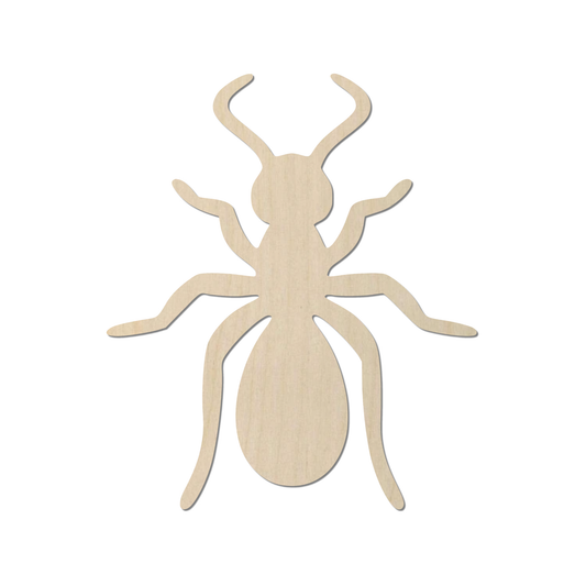 A simple wooden silhouette of a bug or insect, likely a type of ant or beetle, with a round body and six legs.