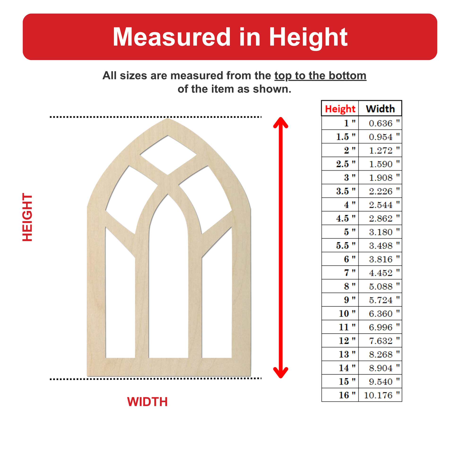The image is a detailed diagram that provides measurements for various sizes of a wooden archway. The diagram includes a labeled diagram of the archway and a table with height and width measurements for each size.