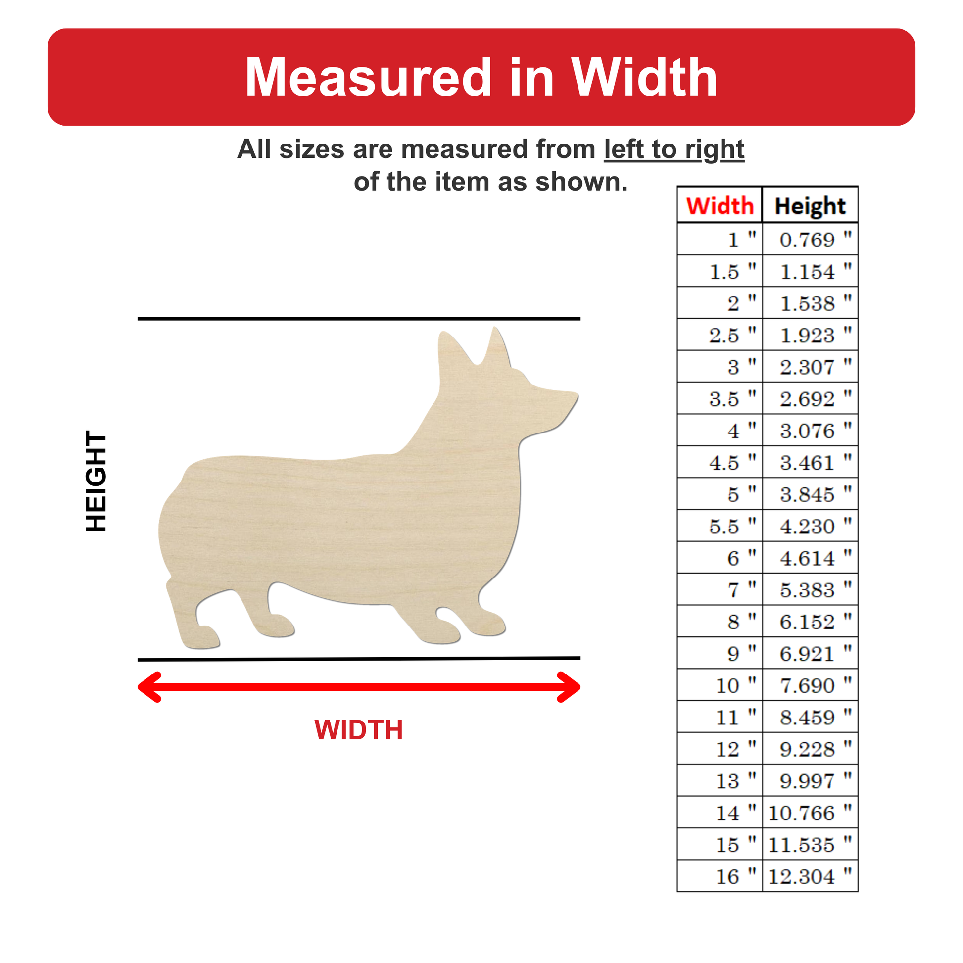 The image is a woodcut of a dog, with measurements provided for different sizes.
