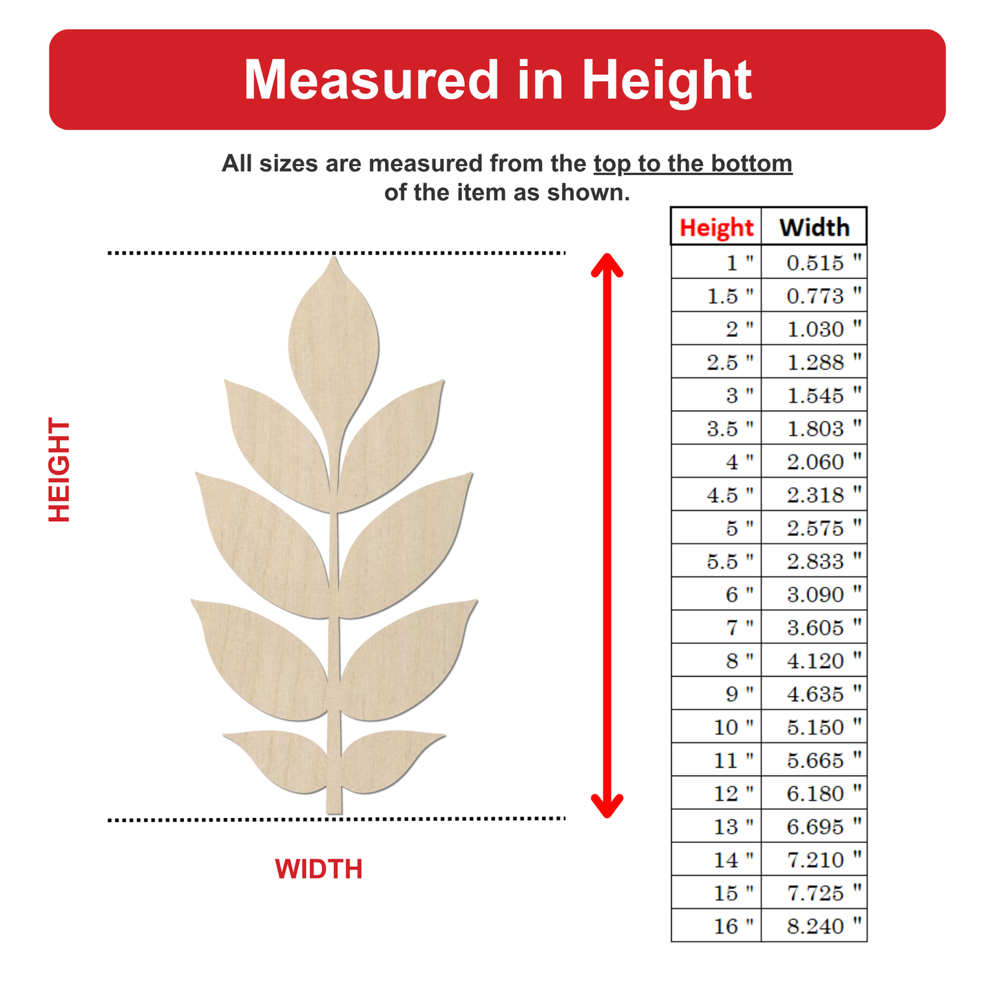 The image is a table with measurements of various sizes of an item, ranging from 5 to 16 inches in height and width.