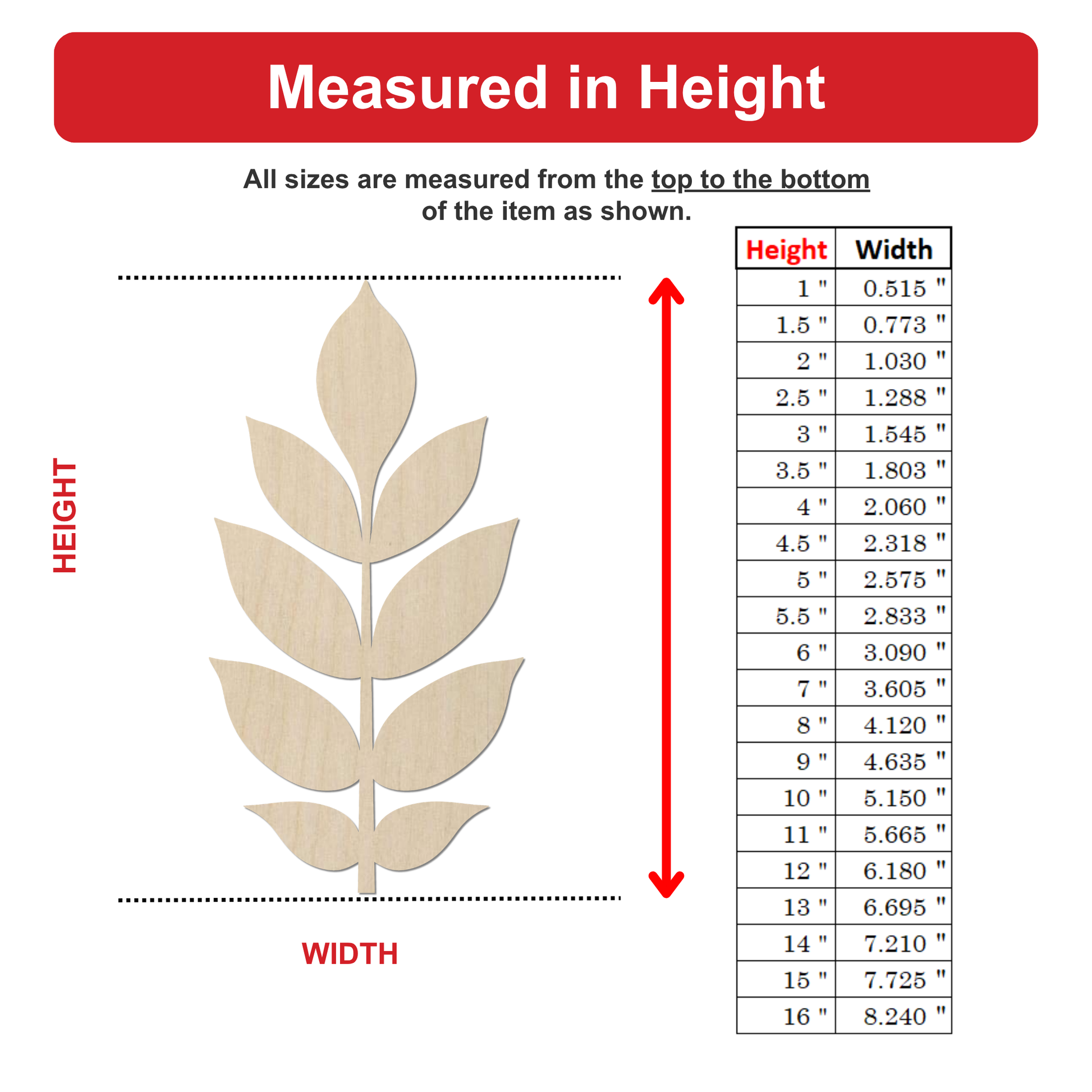 The image is a table with measurements of various sizes of an item, ranging from 5 to 16 inches in height and width.