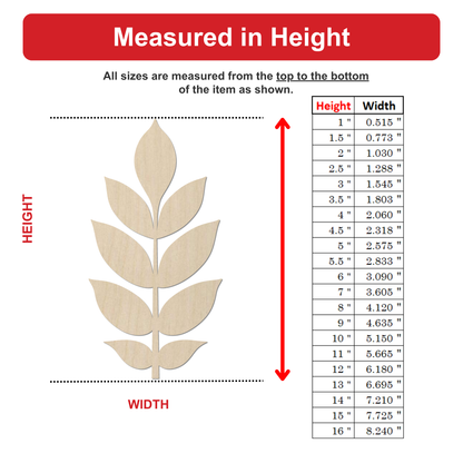 The image is a table with measurements of various sizes of an item, ranging from 5 to 16 inches in height and width.