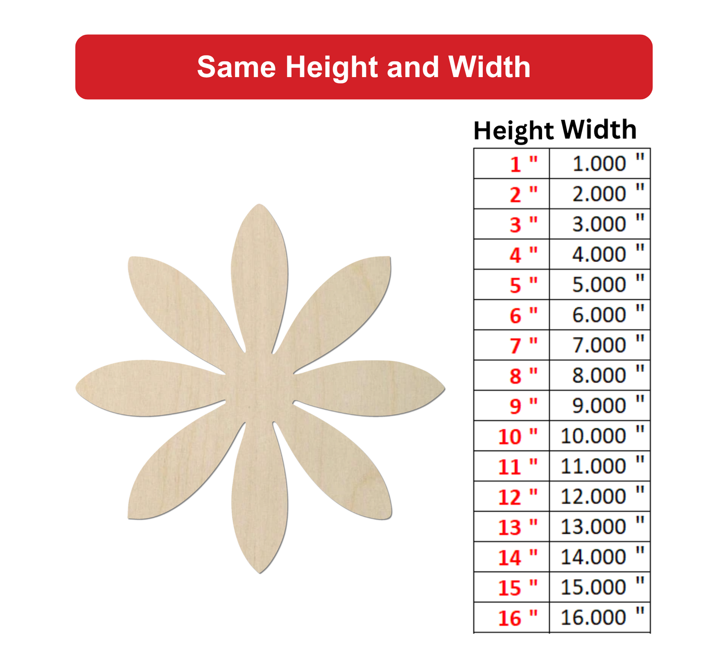 a wooden flower-shaped object with a table below it providing height and width measurements in inches.