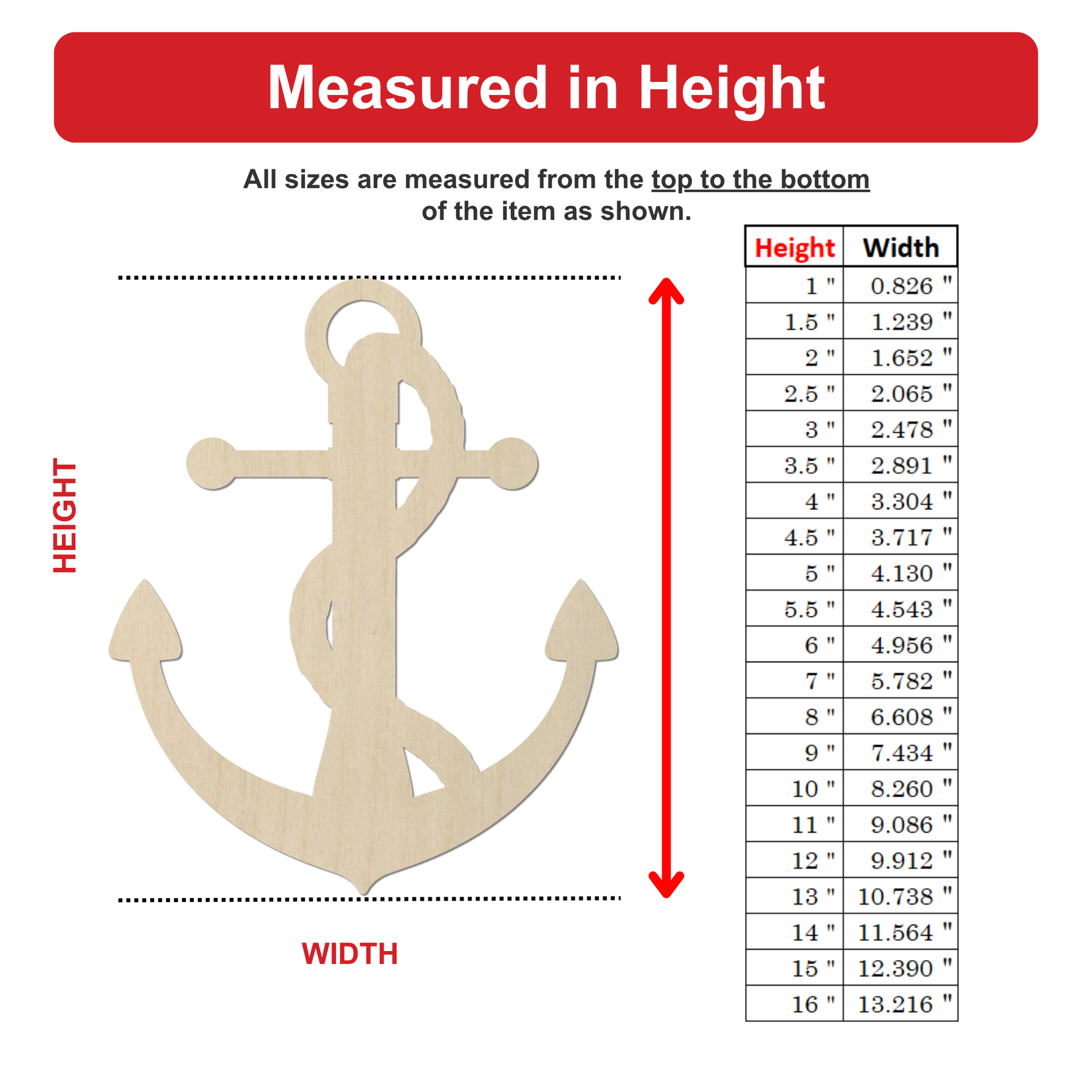 The image is a detailed diagram that provides measurements for various sizes of an item, such as an anchor. The diagram includes a labeled diagram of an anchor and a table with height and width measurements. The text is clear and concise, providing accurate information about the item's size.