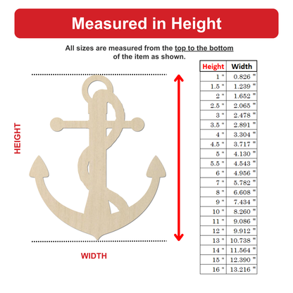 The image is a detailed diagram that provides measurements for various sizes of an item, such as an anchor. The diagram includes a labeled diagram of an anchor and a table with height and width measurements. The text is clear and concise, providing accurate information about the item's size.