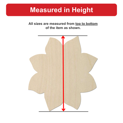 a wooden flower-shaped object, with a red line drawn between the top and bottom of the flower, indicating that all sizes are measured from top to bottom of the item as shown.