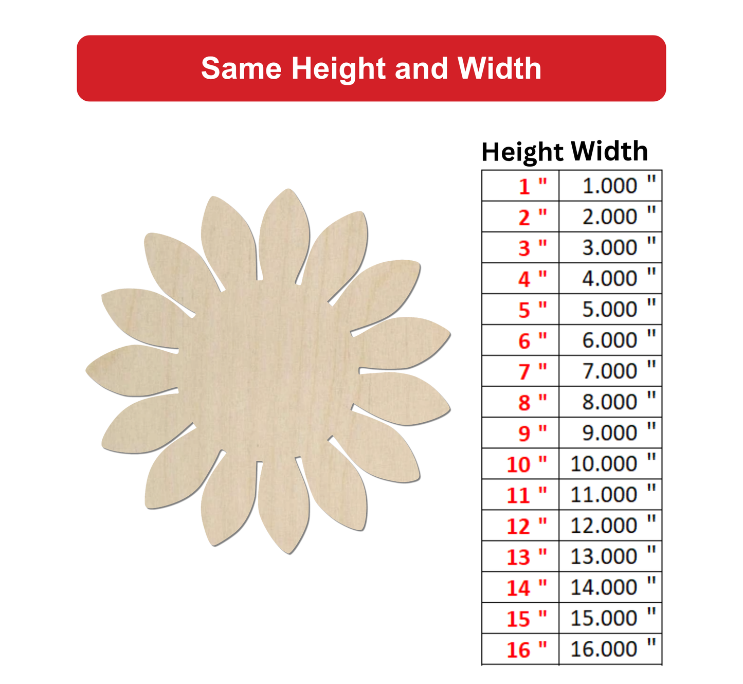 a wooden flower-shaped object with a table below it providing measurements for different heights and widths.