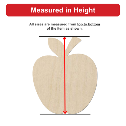 a wooden apple with a red line extending from the top to the bottom of the apple, indicating that all sizes are measured from top to bottom of the item shown.
