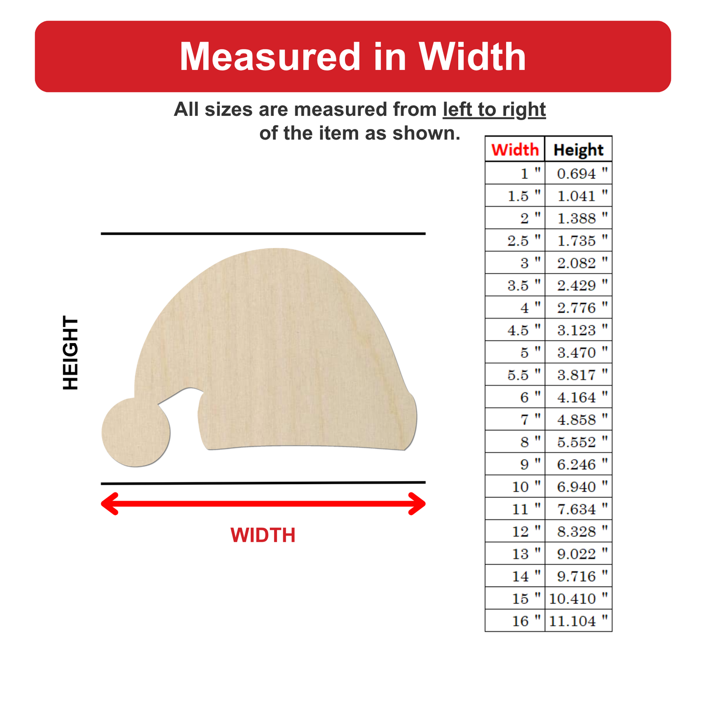 The image is a wood hat with measurements listed next to it, indicating the width of the hat in inches.