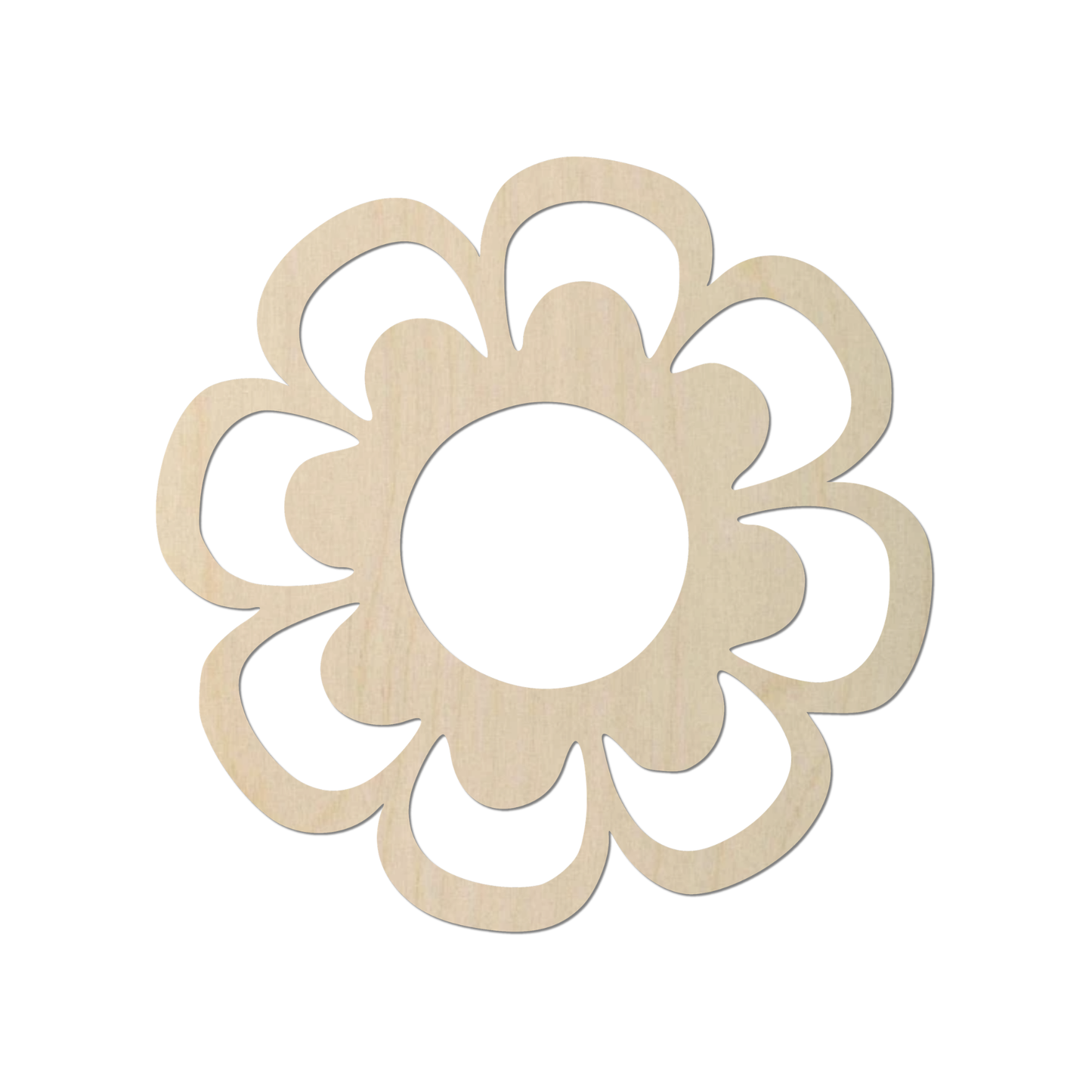 A wooden flower-shaped cutout with a central circle.