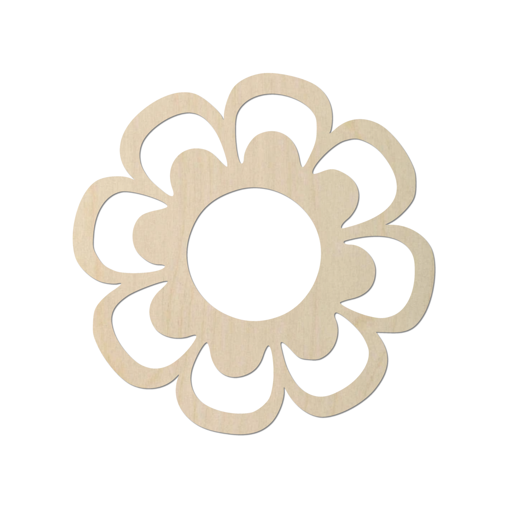 A wooden flower-shaped cutout with a central circle.