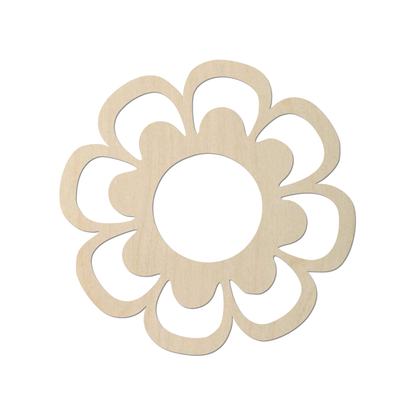 A wooden flower-shaped cutout with a central circle.