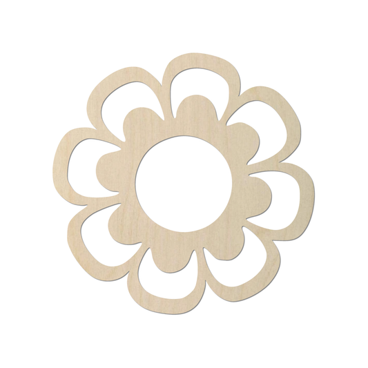 A wooden flower-shaped cutout with a central circle.