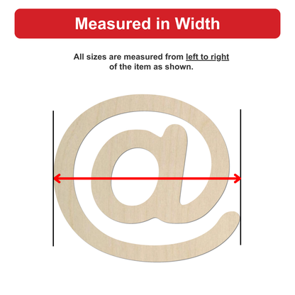 a wooden symbol, possibly a letter or a symbol, with a red line drawn between two points, indicating that all sizes are measured from left to right of the item as shown.