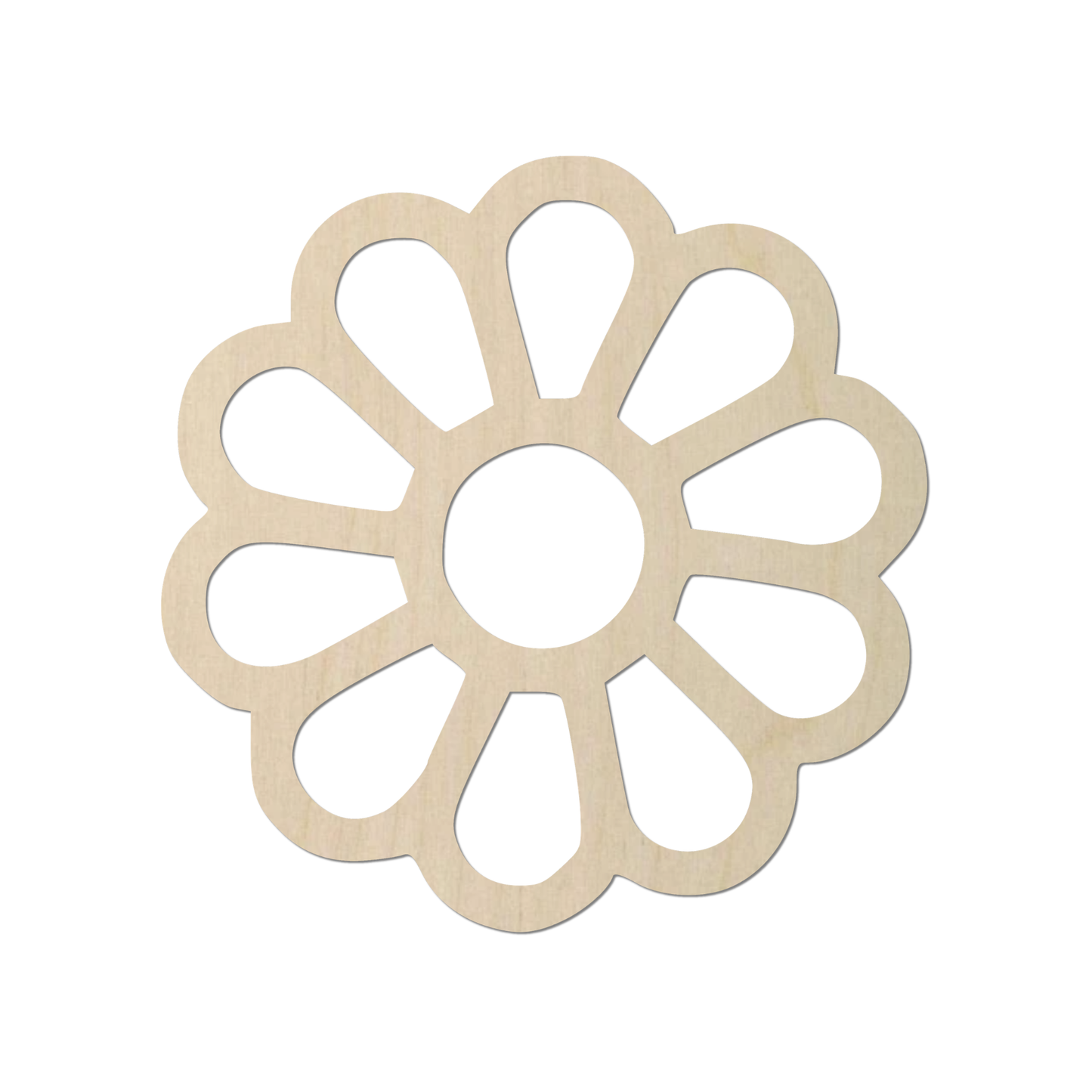 A simple, light-colored wooden flower-shaped object with a circular center.