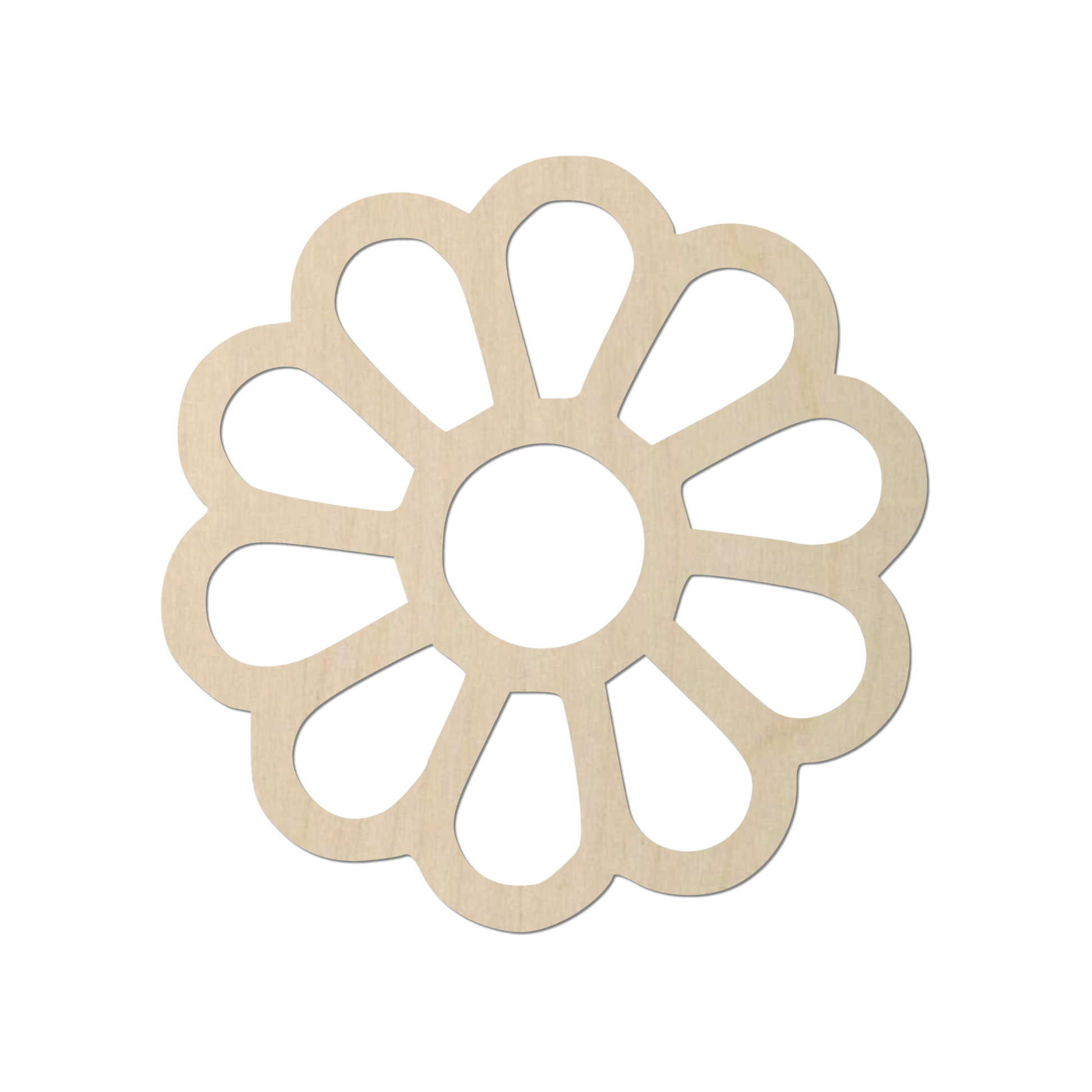 A simple, light-colored wooden flower-shaped object with a circular center.