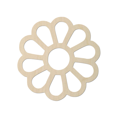 A simple, light-colored wooden flower-shaped object with a circular center.