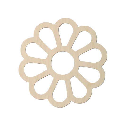 A simple, light-colored wooden flower-shaped object with a circular center.