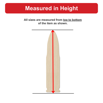 a wooden bullet with a red line extending from the top to the bottom of the bullet, indicating that all sizes are measured from top to bottom of the item shown.