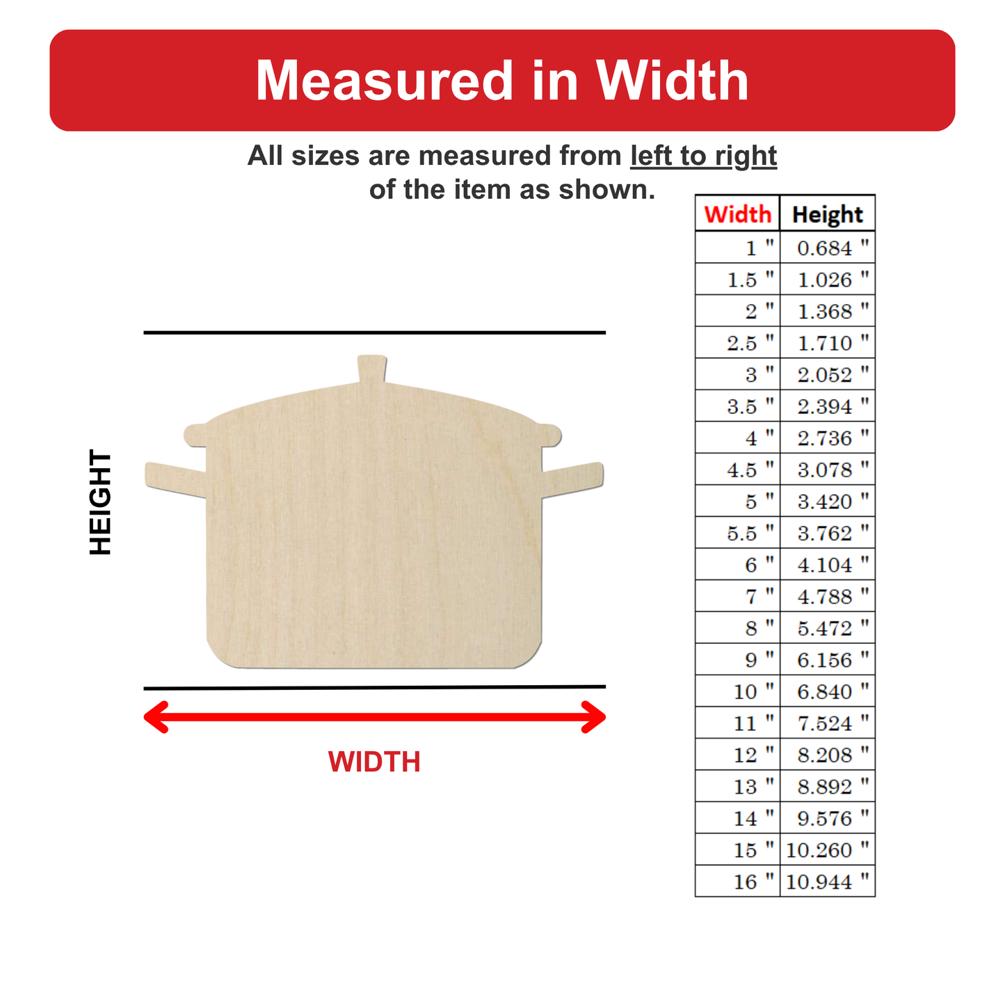 The image is a diagram that shows the measurements of a wooden object, likely a pot or pan, with a table below it. The object is depicted in a wooden shape, and the table provides the corresponding width measurements for each size.