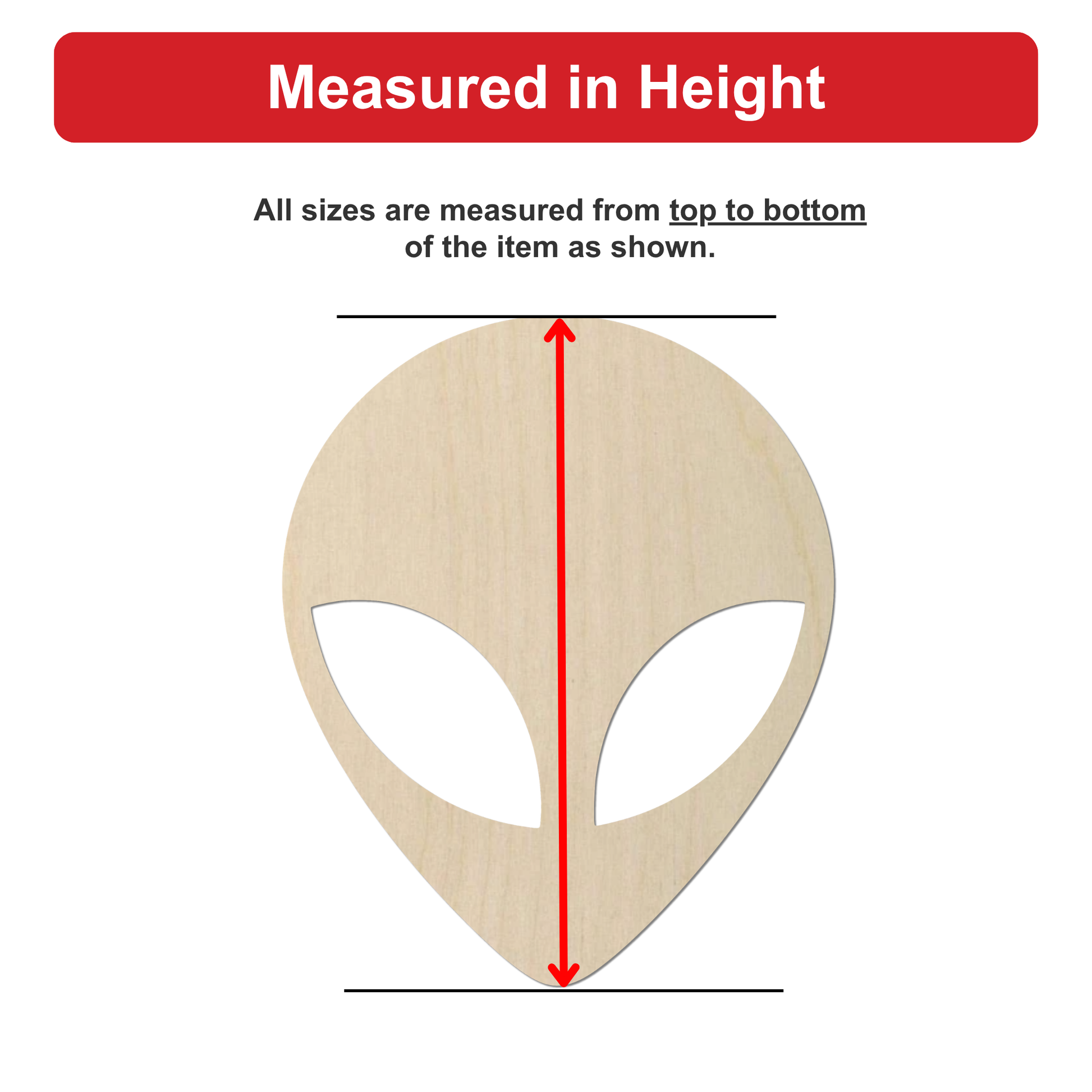 a wooden alien head with a red line extending from the top to the bottom of the head.
