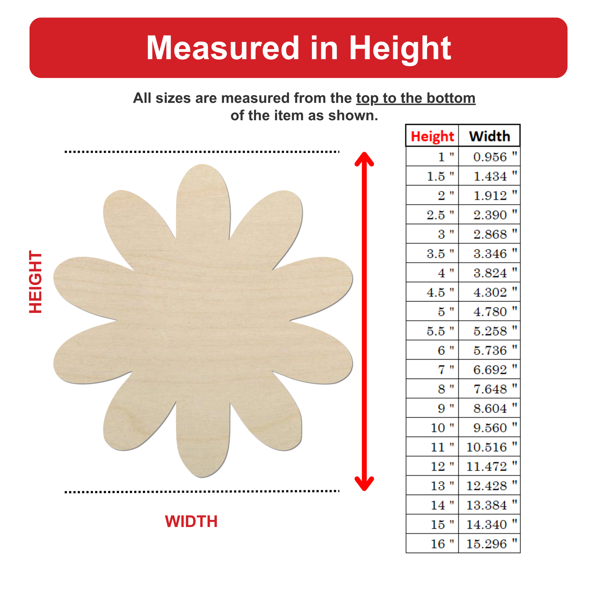 The image is a diagram that shows the measurements of a flower-shaped object, with the height and width of the object being the primary focus.