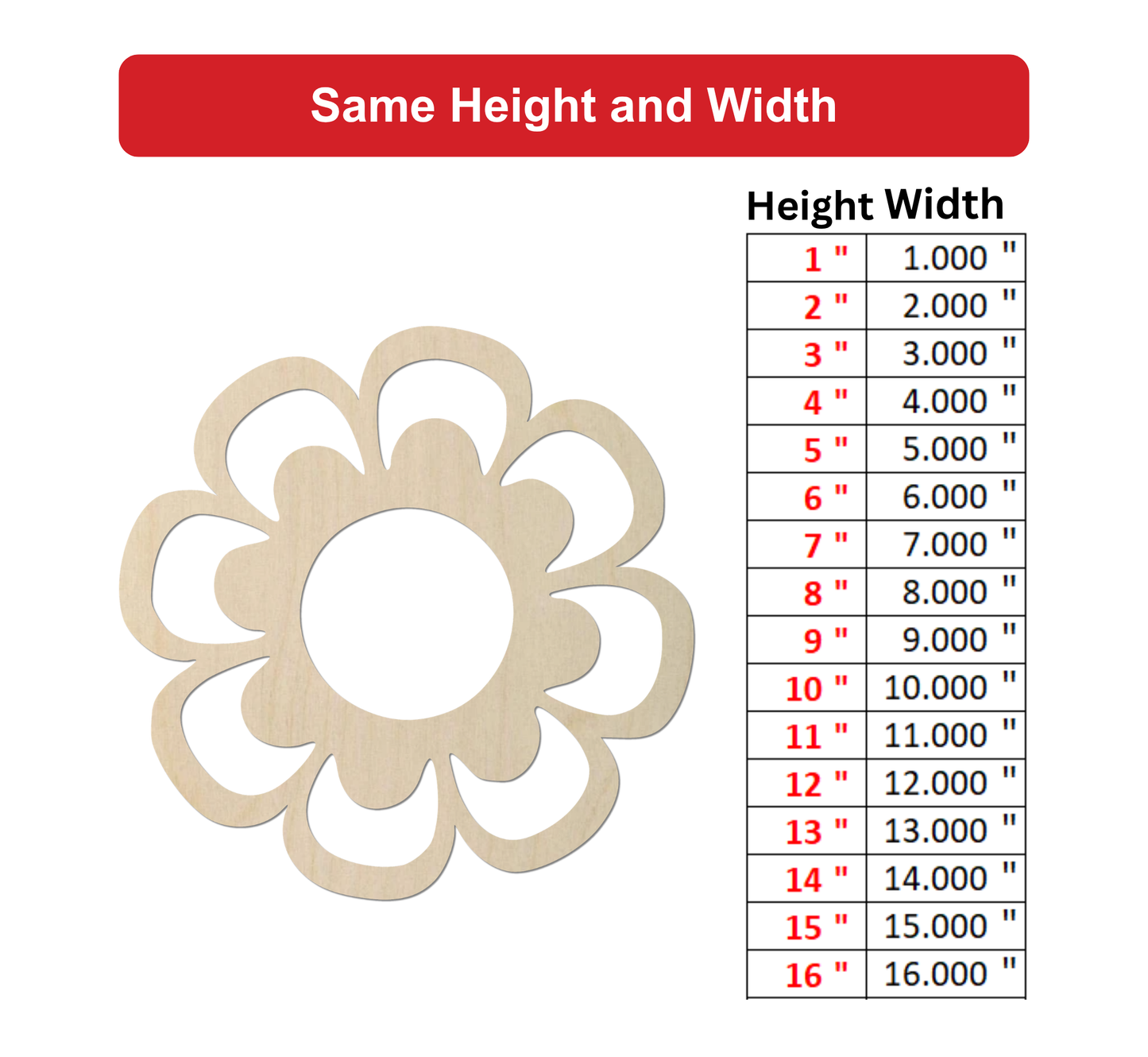 a wooden flower-shaped cutout with a table below it providing height and width measurements for different sizes.