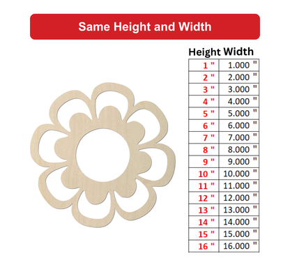 a wooden flower-shaped cutout with a table below it providing height and width measurements for different sizes.