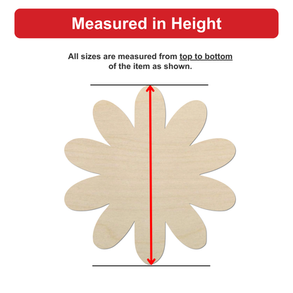 a wooden flower-shaped object, with a red line drawn through it, indicating that all sizes are measured from top to bottom of the item as shown.