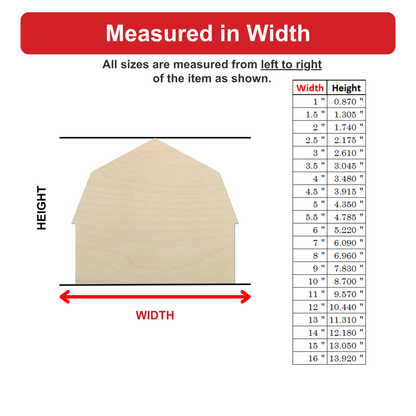 The image is a diagram that shows the measurements of a wooden structure, such as a barn or shed, with corresponding widths and heights. The diagram provides a visual representation of how the width and height of the structure are measured from left to right.