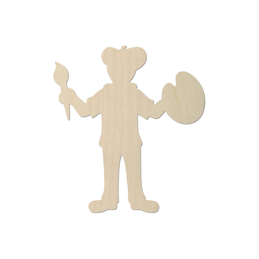 A wooden silhouette of a person holding a paintbrush and palette.