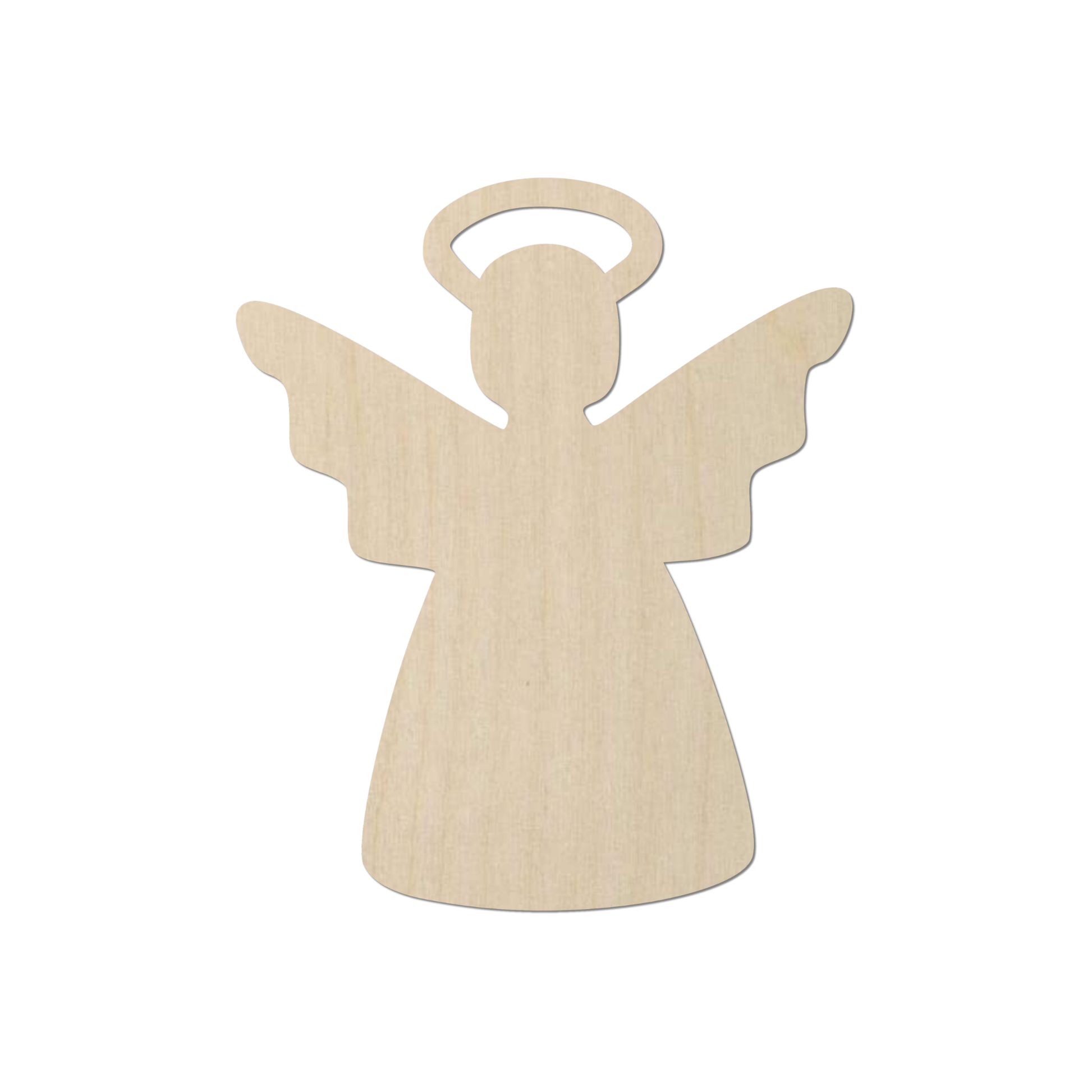 A wooden angel figure with wings and a halo.