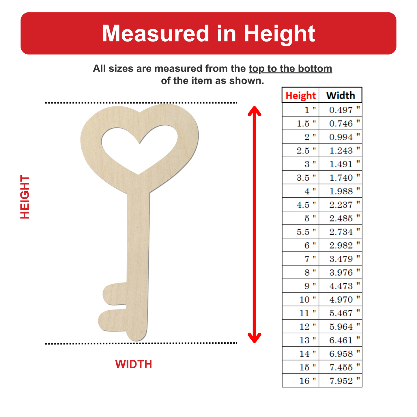 The image is a detailed diagram that measures the height and width of an item, with a key-shaped object as the main focus. The diagram provides a visual representation of the item's dimensions, with the key-shaped object being the central element. The diagram includes a table with height and width measurements, which are shown in both inches and centimeters. The image is a clear and concise representation of the item's dimensions, without any unnecessary descriptions or embellishments.