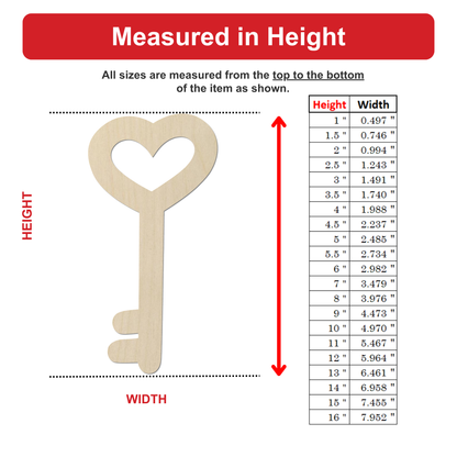 The image is a detailed diagram that measures the height and width of an item, with a key-shaped object as the main focus. The diagram provides a visual representation of the item's dimensions, with the key-shaped object being the central element. The diagram includes a table with height and width measurements, which are shown in both inches and centimeters. The image is a clear and concise representation of the item's dimensions, without any unnecessary descriptions or embellishments.