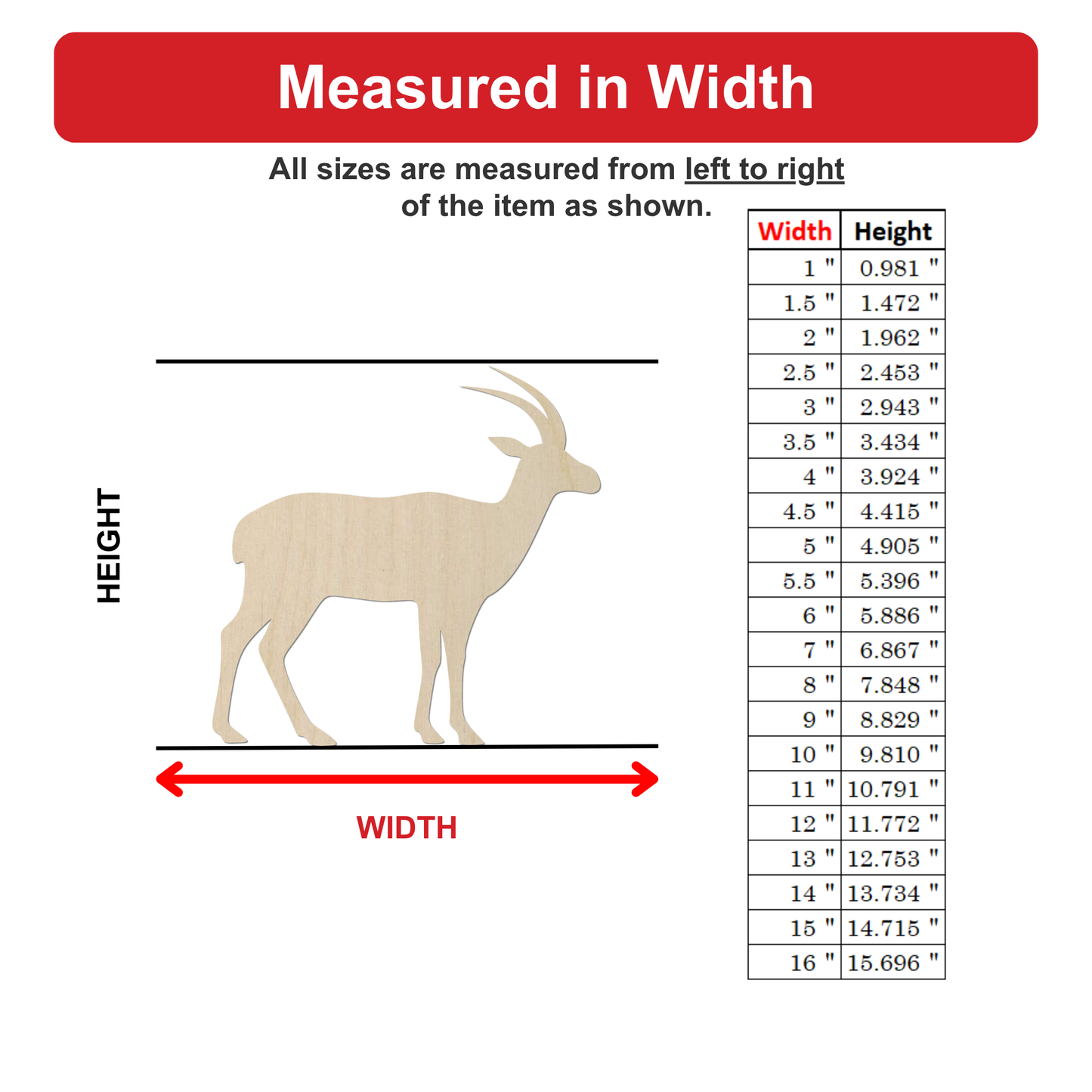 The image is a wood carving of a gazelle, and it is being measured in width. The gazelle is depicted in a wooden carving, and the image is described in terms of its size and dimensions.