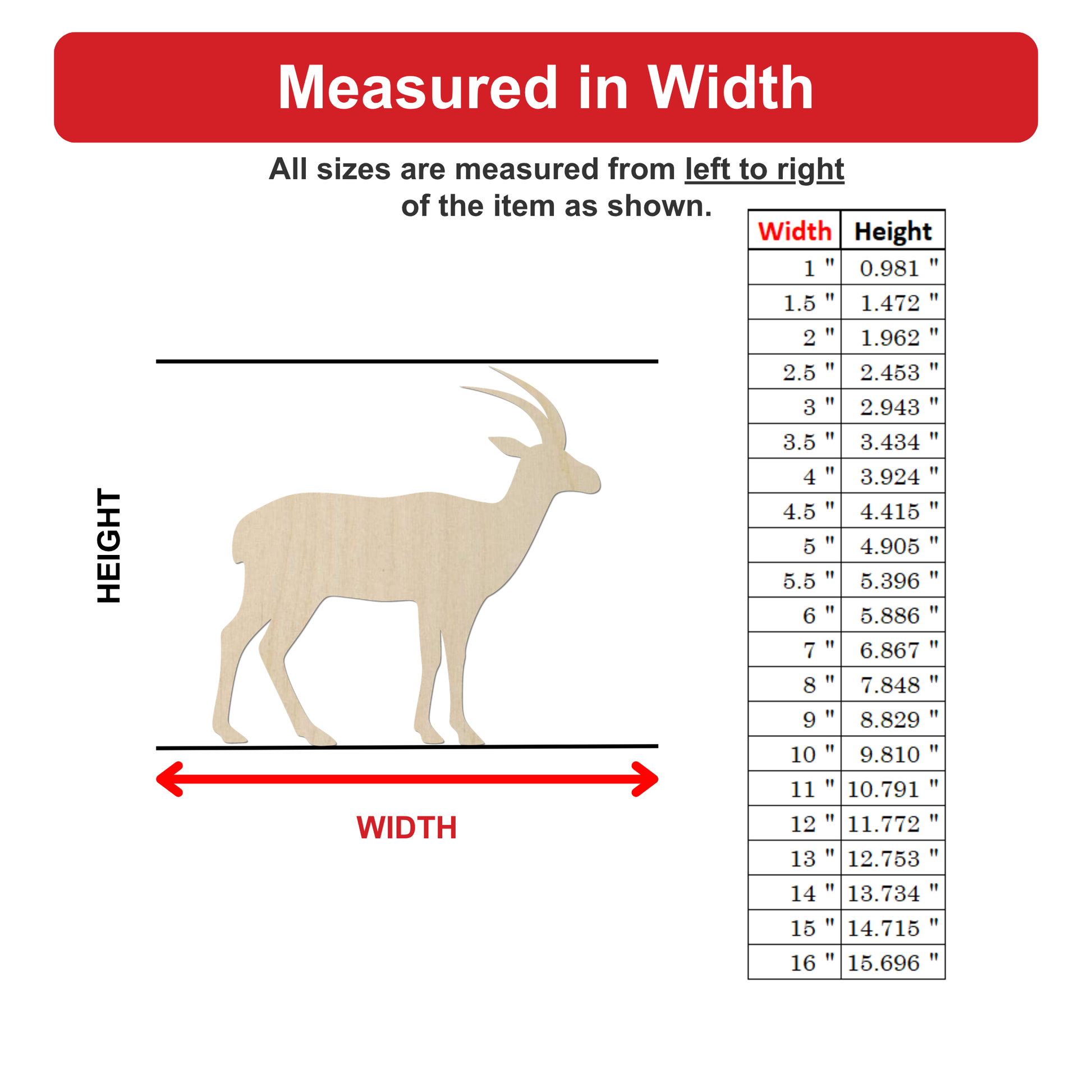 The image is a wood carving of a gazelle, and it is being measured in width. The gazelle is depicted in a wooden carving, and the image is described in terms of its size and dimensions.