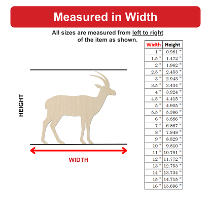 The image is a wood carving of a gazelle, and it is being measured in width. The gazelle is depicted in a wooden carving, and the image is described in terms of its size and dimensions.