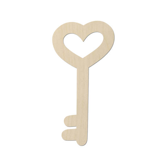 A wooden key with a heart shape cut out in the center.