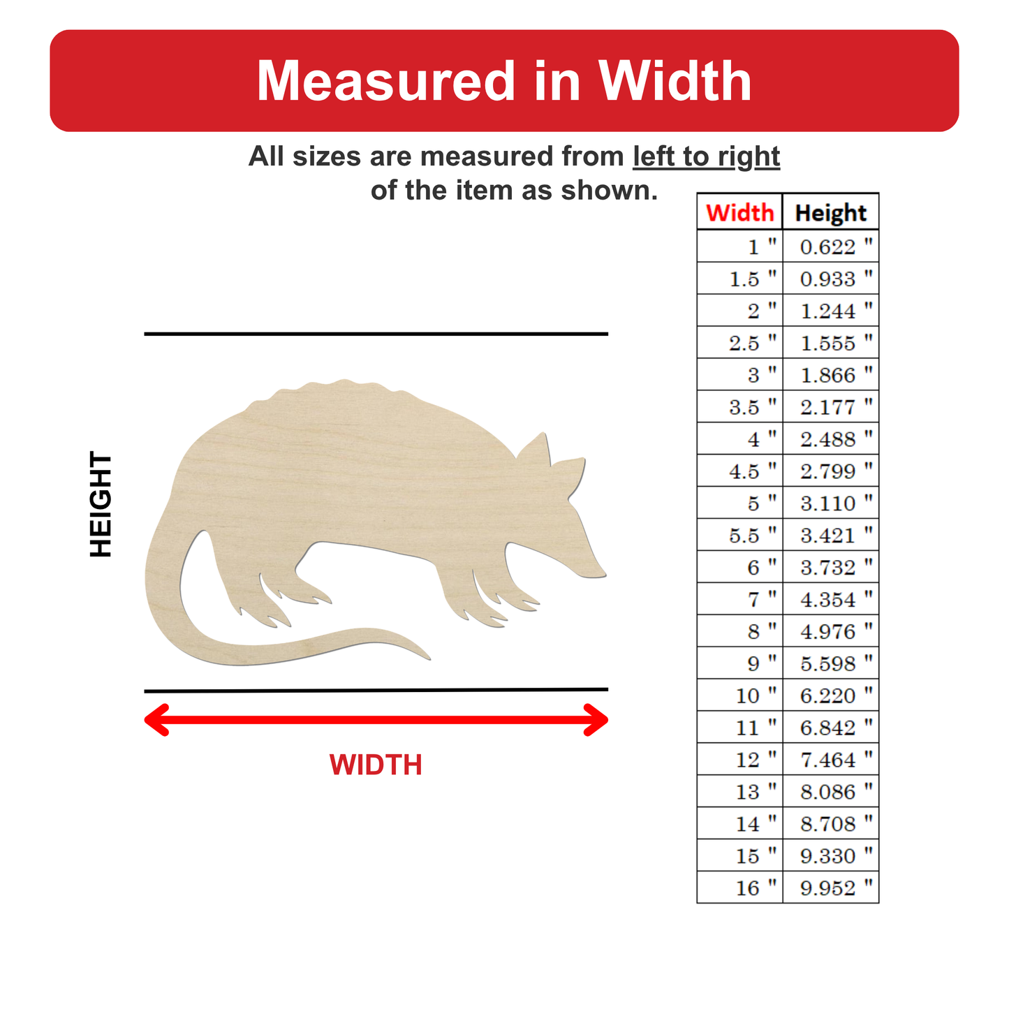 a wooden model of a rat, with measurements provided in inches. The rat is depicted in a realistic style, and the image is a single, focused representation of the rat.
