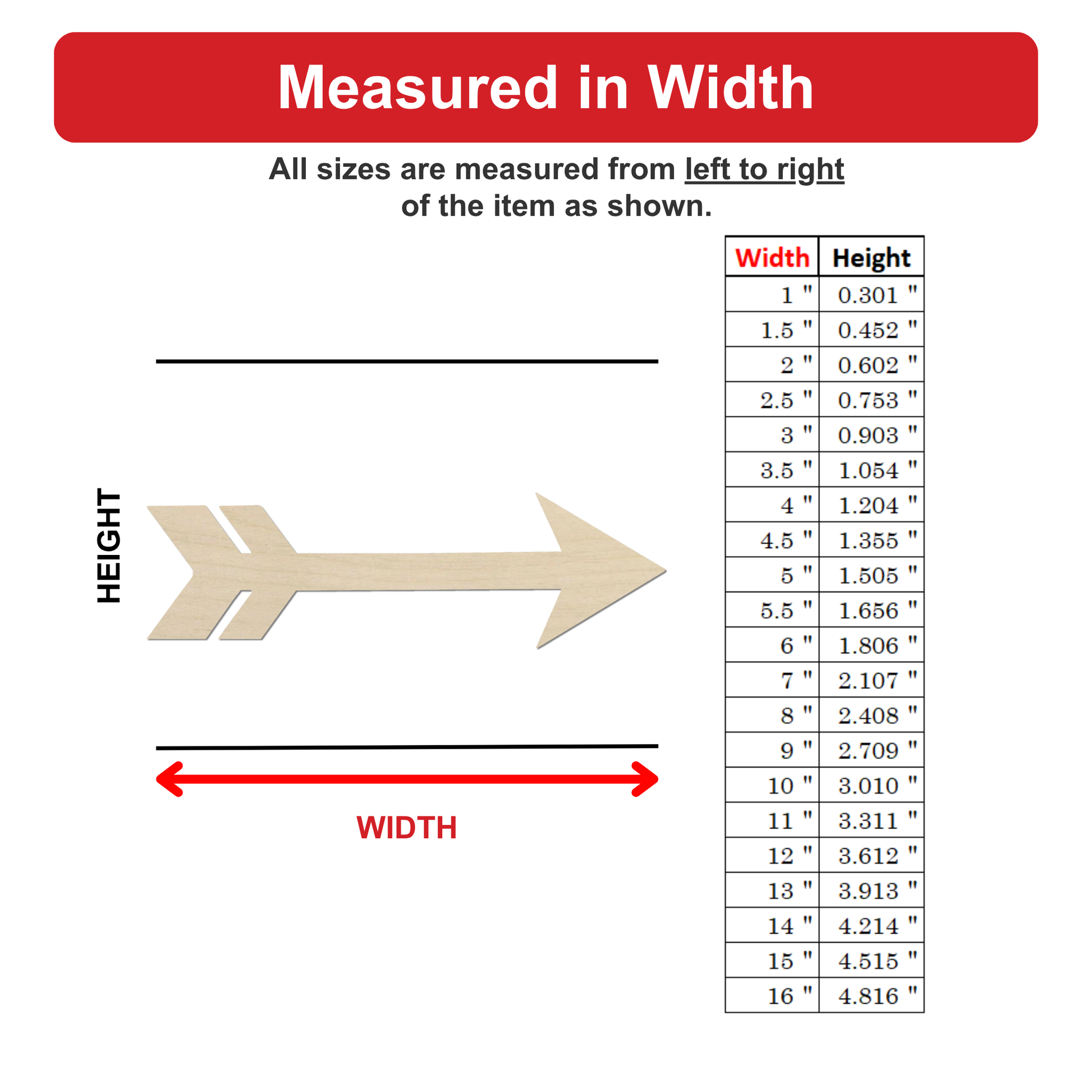 The image is a diagram that shows the measurements of an arrow-shaped object, with the width of the arrow being the primary focus. The arrow is depicted in a wooden material, and the measurements are listed in inches.