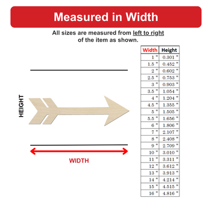 The image is a diagram that shows the measurements of an arrow-shaped object, with the width of the arrow being the primary focus. The arrow is depicted in a wooden material, and the measurements are listed in inches.