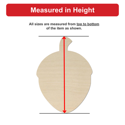 a wooden acorn with a red line extending from the top to the bottom of the acorn, indicating that all sizes are measured from top to bottom of the item shown.
