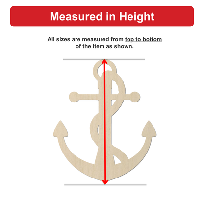 a wooden anchor with a red line extending from the top to the bottom of the anchor, indicating that all sizes are measured from top to bottom of the item shown.